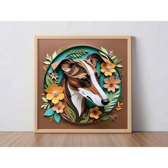 Greyhound Papercut Art: 12x12 Brindle Dog Pet Portrait Digital Print, Whippet - Picture 1 of 7